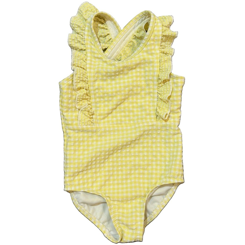 Cat & Jack Girls One-Piece Swimsuit 2T Yellow/White Gingham Ruffle